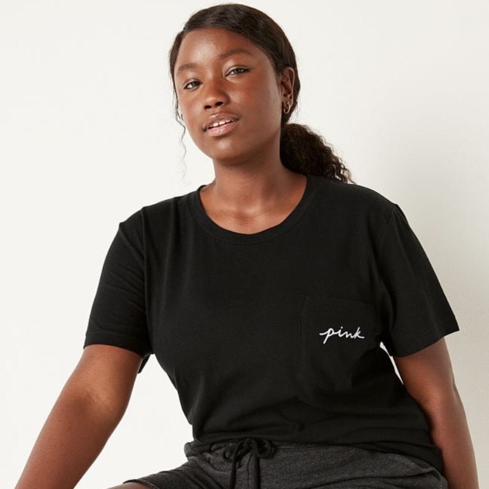 VS VICTORIAS SECRET PINK CAMPUS SHORT SLEEVE TEE TOP PURE BLACK PALM SHINE XS - Picture 4 of 8